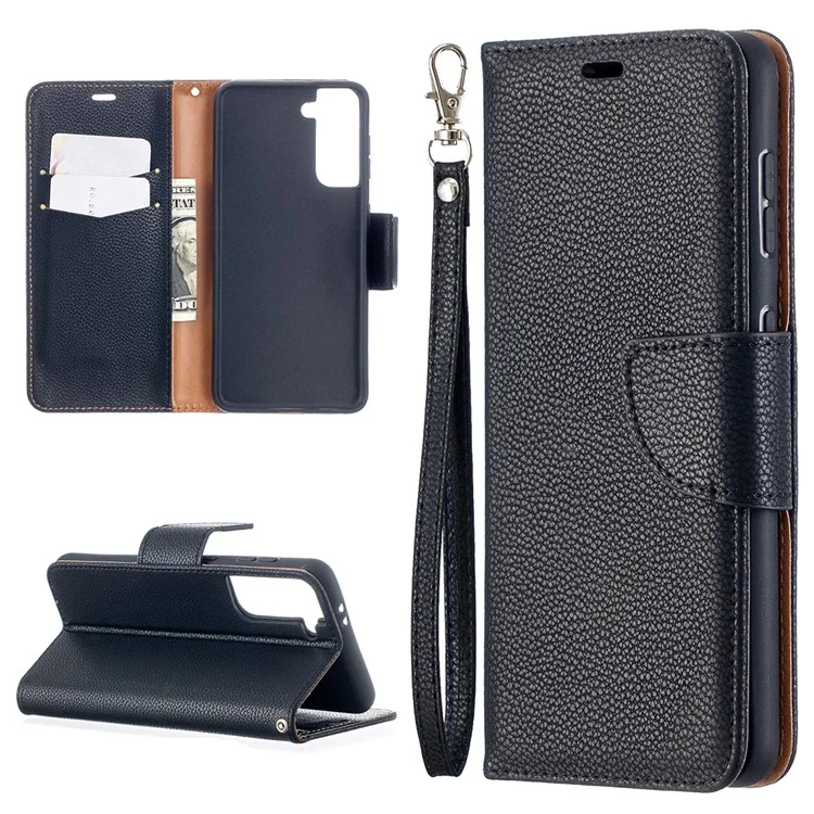 Litchi -oberfläche Mit Brieftasche Lederständer Telefonhülle Für Samsung Galaxy S21 5G/S21 4G - Schwarz