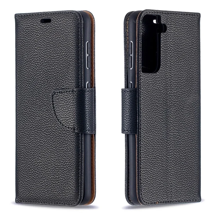 Litchi -oberfläche Mit Brieftasche Lederständer Telefonhülle Für Samsung Galaxy S21 5G/S21 4G - Schwarz
