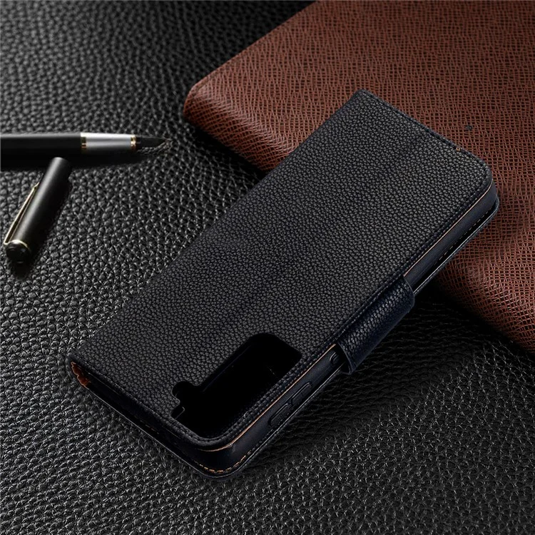 Litchi Surface with Wallet Leather Stand Phone Case for Samsung Galaxy S21 5G/S21 4G - Black