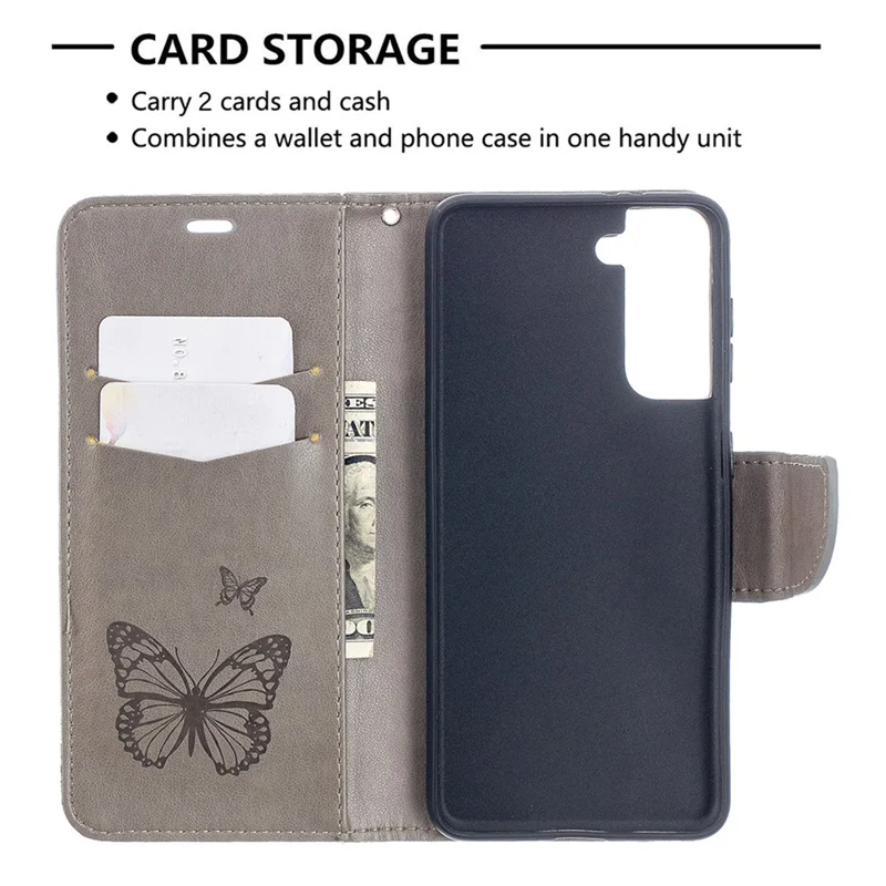 Imprint Butterflies Pattern Wallet Stand Leather Phone Cover for Samsung Galaxy S21 4G / 5G - Grey