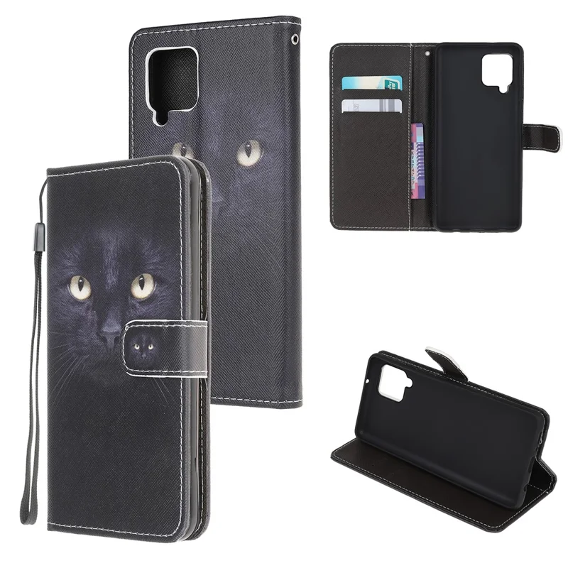 Pattern Printing Cross Texture Leather Wallet Phone Stand Protective Case for Samsung Galaxy A12 - Black Cat