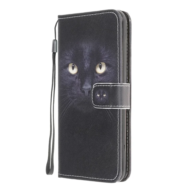 Pattern Printing Cross Texture Leather Wallet Phone Stand Protective Case for Samsung Galaxy A12 - Black Cat