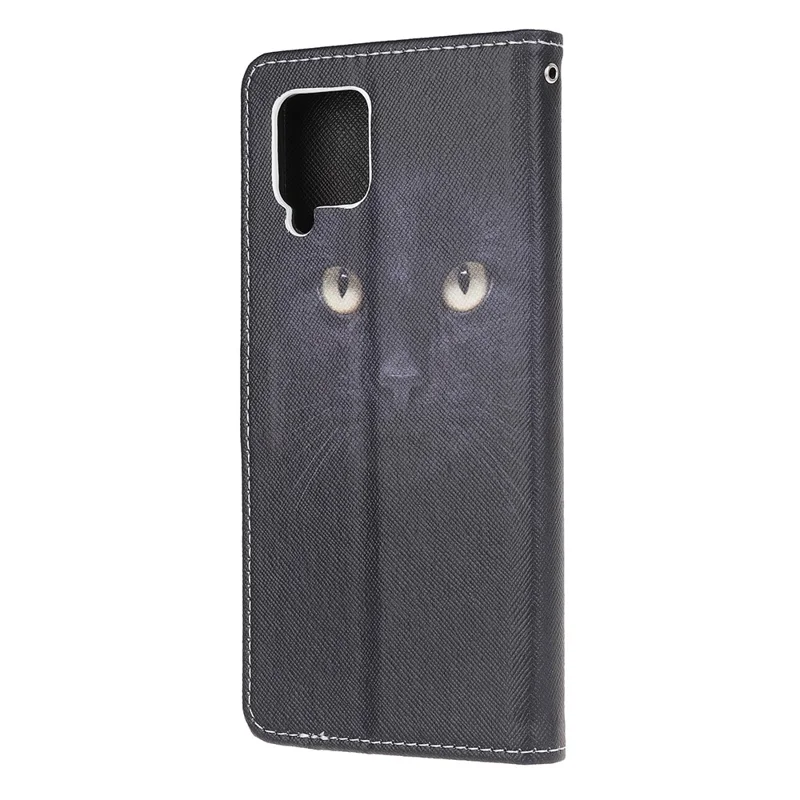 Pattern Printing Cross Texture Leather Wallet Phone Stand Protective Case for Samsung Galaxy A12 - Black Cat