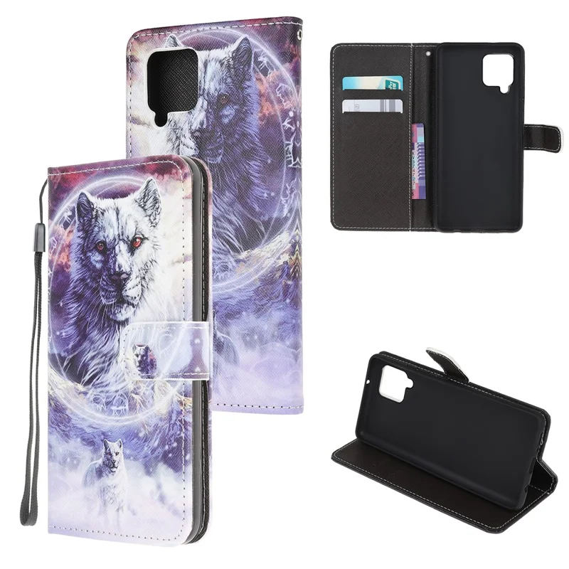 Pattern Printing Cross Texture Leather Wallet Phone Stand Protective Case for Samsung Galaxy A12 - Wolf