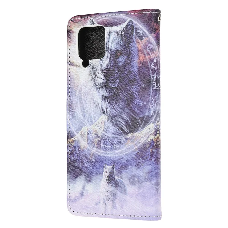 Pattern Printing Cross Texture Leather Wallet Phone Stand Protective Case for Samsung Galaxy A12 - Wolf