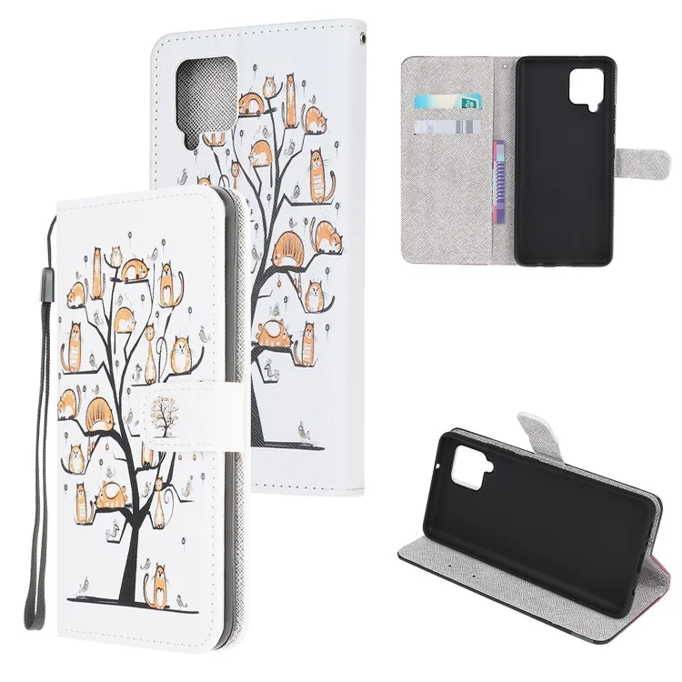 Funda protectora con estampado de patrón y textura de cuero, con soporte para teléfono, para Samsung Galaxy A12 - Gatos en el árbol