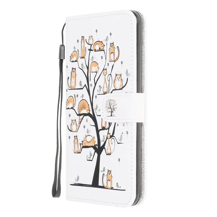Funda protectora con estampado de patrón y textura de cuero, con soporte para teléfono, para Samsung Galaxy A12 - Gatos en el árbol