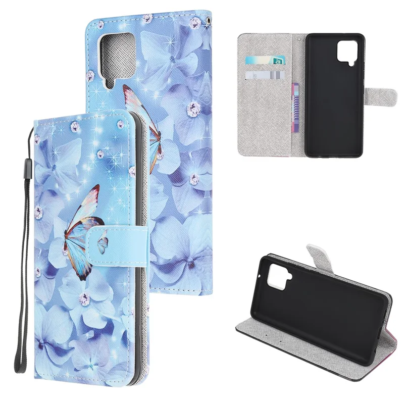 Pattern Printing Cross Texture Leather Wallet Phone Stand Protective Case for Samsung Galaxy A12 - Blue Butterfly