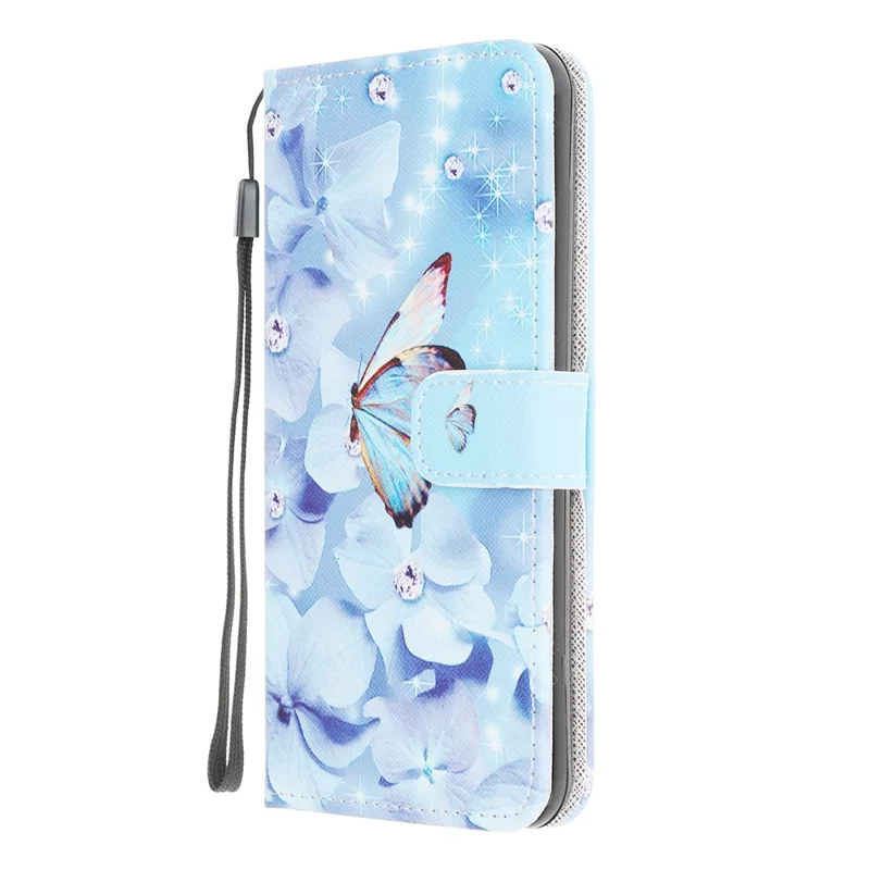 Pattern Printing Cross Texture Leather Wallet Phone Stand Protective Case for Samsung Galaxy A12 - Blue Butterfly