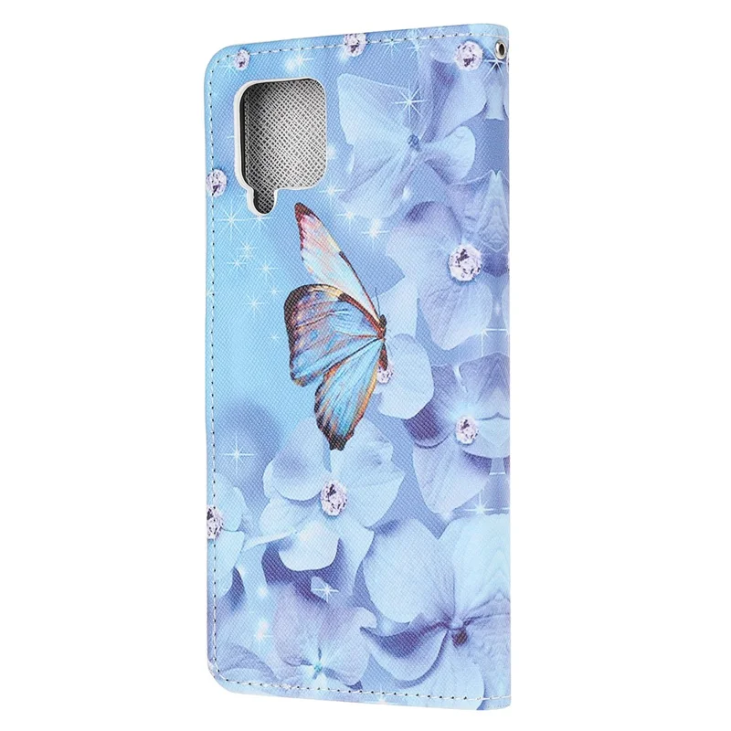 Pattern Printing Cross Texture Leather Wallet Phone Stand Protective Case for Samsung Galaxy A12 - Blue Butterfly