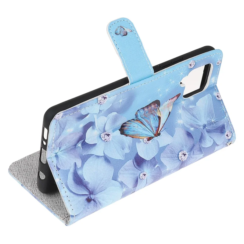 Pattern Printing Cross Texture Leather Wallet Phone Stand Protective Case for Samsung Galaxy A12 - Blue Butterfly