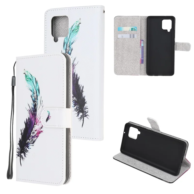 Pattern Printing Cross Texture Leather Wallet Phone Stand Protective Case for Samsung Galaxy A12 - Feather