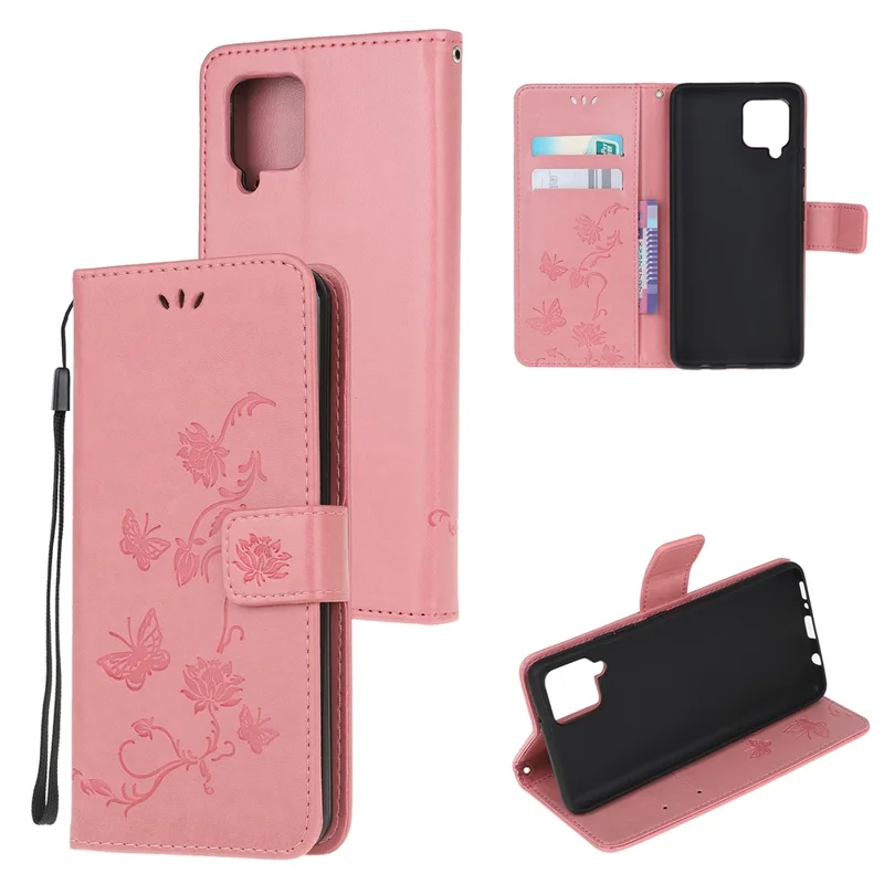 Imprint Butterfly Flowers Leather Wallet Phone Cover for Samsung Galaxy A12 Cell Phone Accessory - Pink