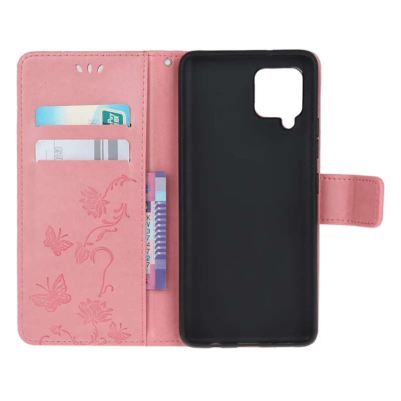 Imprint Butterfly Flowers Leather Wallet Phone Cover for Samsung Galaxy A12 Cell Phone Accessory - Pink