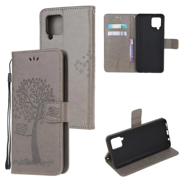 Imprint Tree Owl Leather Stylish Wallet Case for Samsung Galaxy A12 - Grey