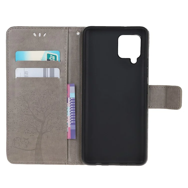 Imprint Tree Owl Leather Stylish Wallet Case for Samsung Galaxy A12 - Grey