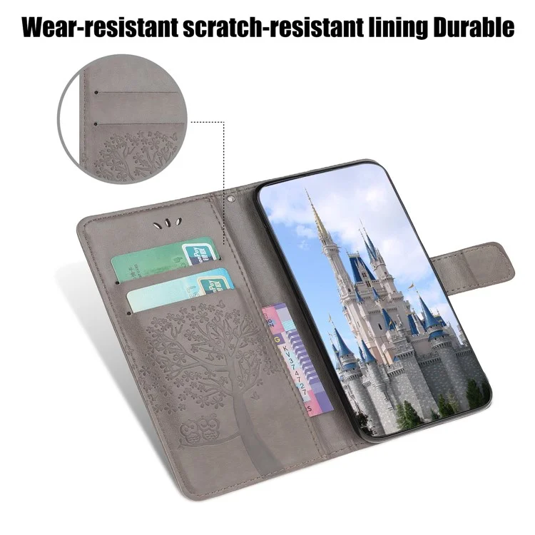 Imprint Tree Owl Leather Stylish Wallet Case for Samsung Galaxy A12 - Grey