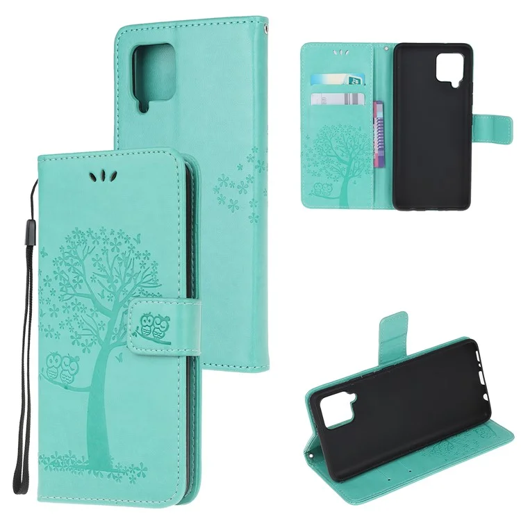 Imprint Tree Owl Leather Stylish Wallet Case for Samsung Galaxy A12 - Cyan