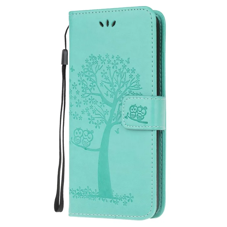 Imprint Tree Owl Leather Stylish Wallet Case for Samsung Galaxy A12 - Cyan