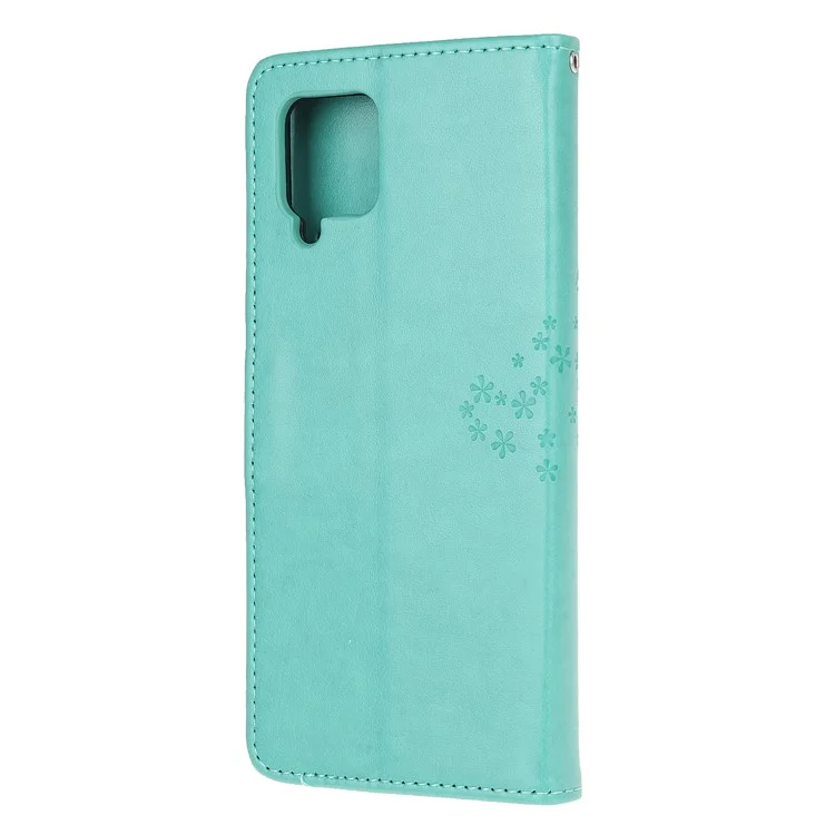 Imprint Tree Owl Leather Stylish Wallet Case for Samsung Galaxy A12 - Cyan