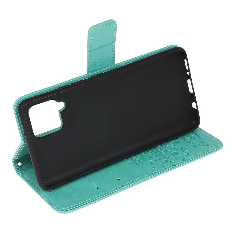 Imprint Tree Owl Leather Stylish Wallet Case for Samsung Galaxy A12 - Cyan