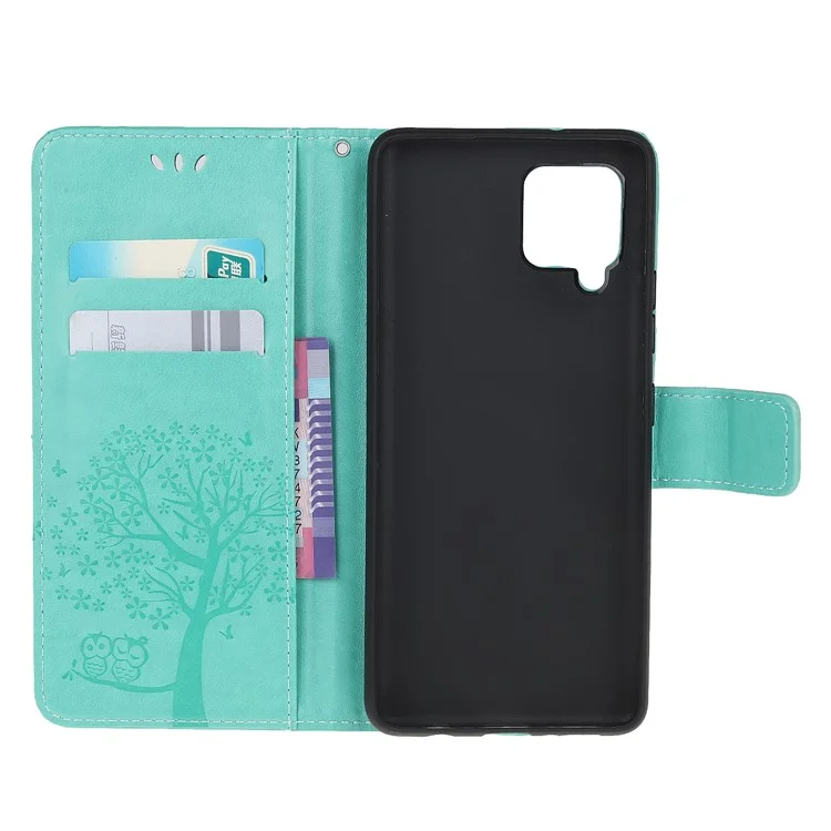 Imprint Tree Owl Leather Stylish Wallet Case for Samsung Galaxy A12 - Cyan