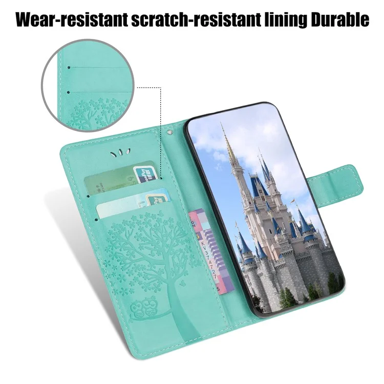 Imprint Tree Owl Leather Stylish Wallet Case for Samsung Galaxy A12 - Cyan
