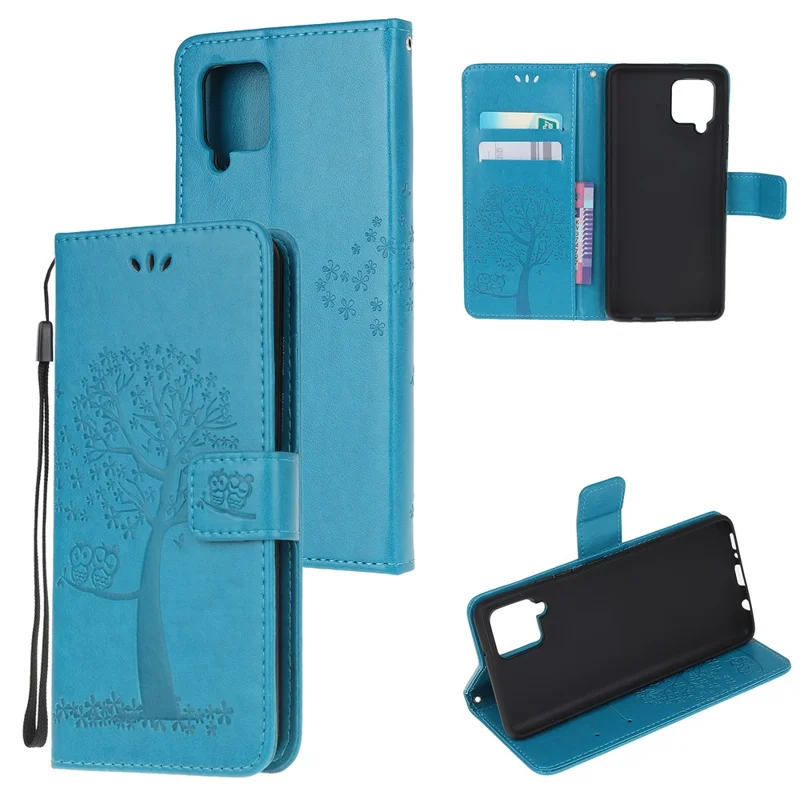 Imprint Tree Owl Leather Stylish Wallet Case for Samsung Galaxy A12 - Blue