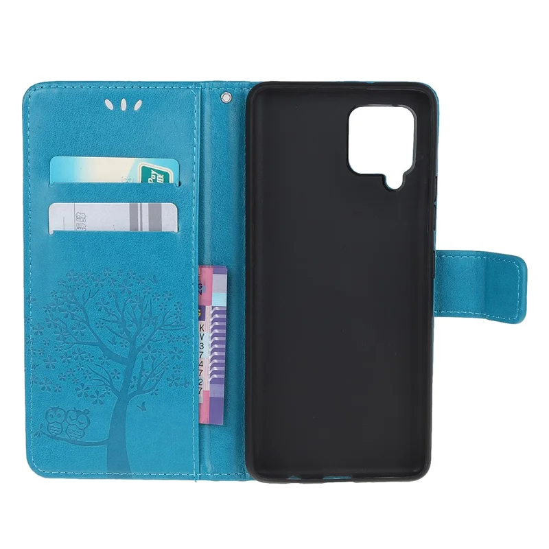 Imprint Tree Owl Leather Stylish Wallet Case for Samsung Galaxy A12 - Blue