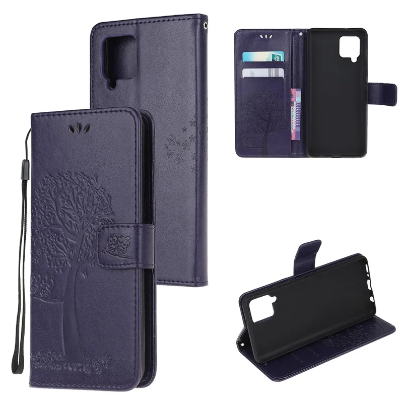 Imprint Tree Owl Leather Stylish Wallet Case for Samsung Galaxy A12 - Dark Blue