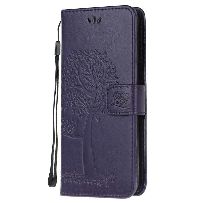 Imprint Tree Owl Leather Stylish Wallet Case for Samsung Galaxy A12 - Dark Blue