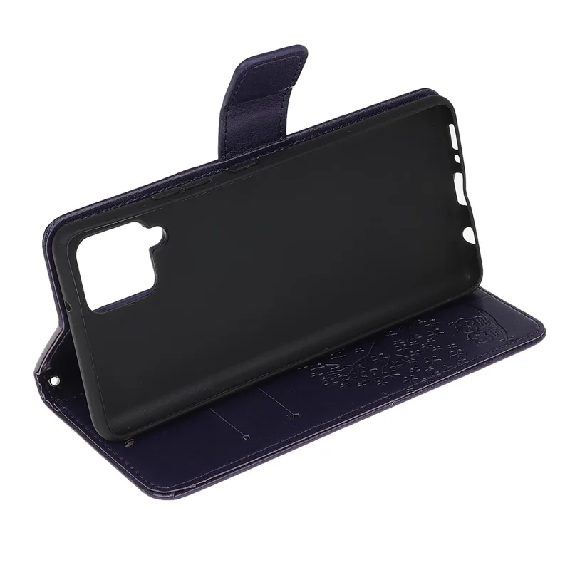 Imprint Tree Owl Leather Stylish Wallet Case for Samsung Galaxy A12 - Dark Blue