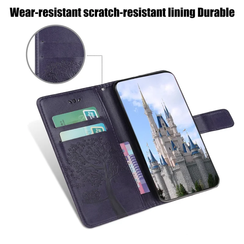 Imprint Tree Owl Leather Stylish Wallet Case for Samsung Galaxy A12 - Dark Blue