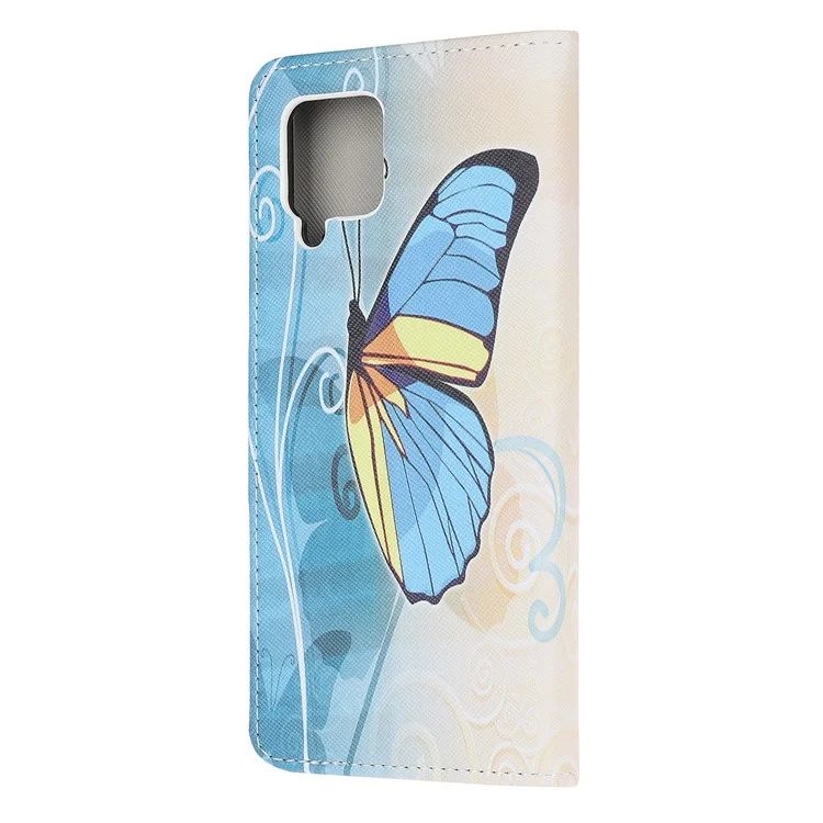 Pattern Printing Cross Texture Leather Wallet Phone Stand Protective Case for Samsung Galaxy A12 - Blue Butterfly