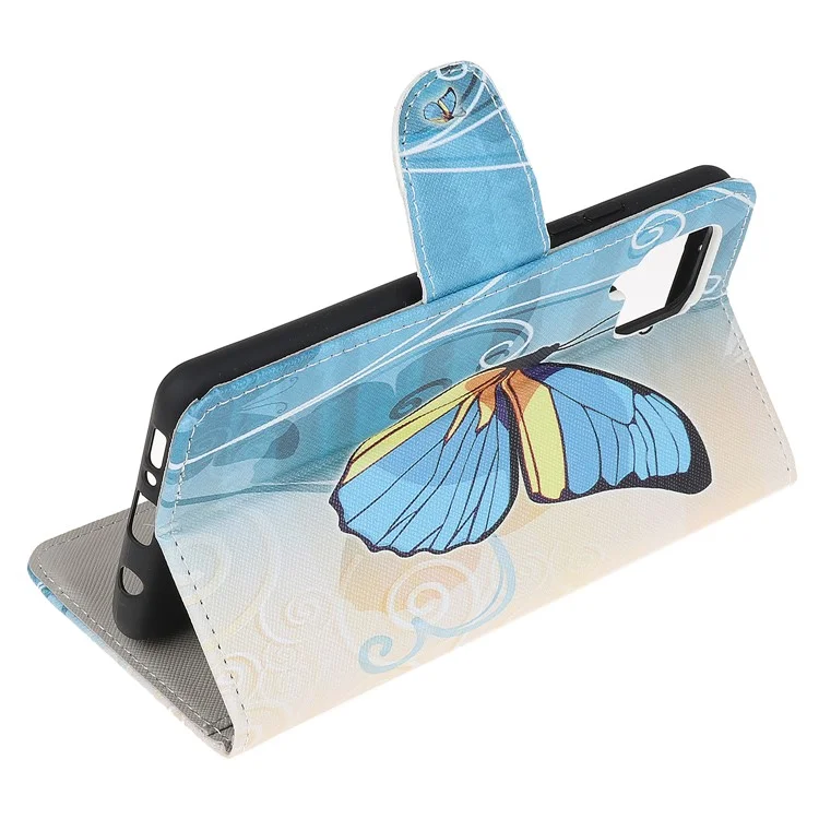 Pattern Printing Cross Texture Leather Wallet Phone Stand Protective Case for Samsung Galaxy A12 - Blue Butterfly