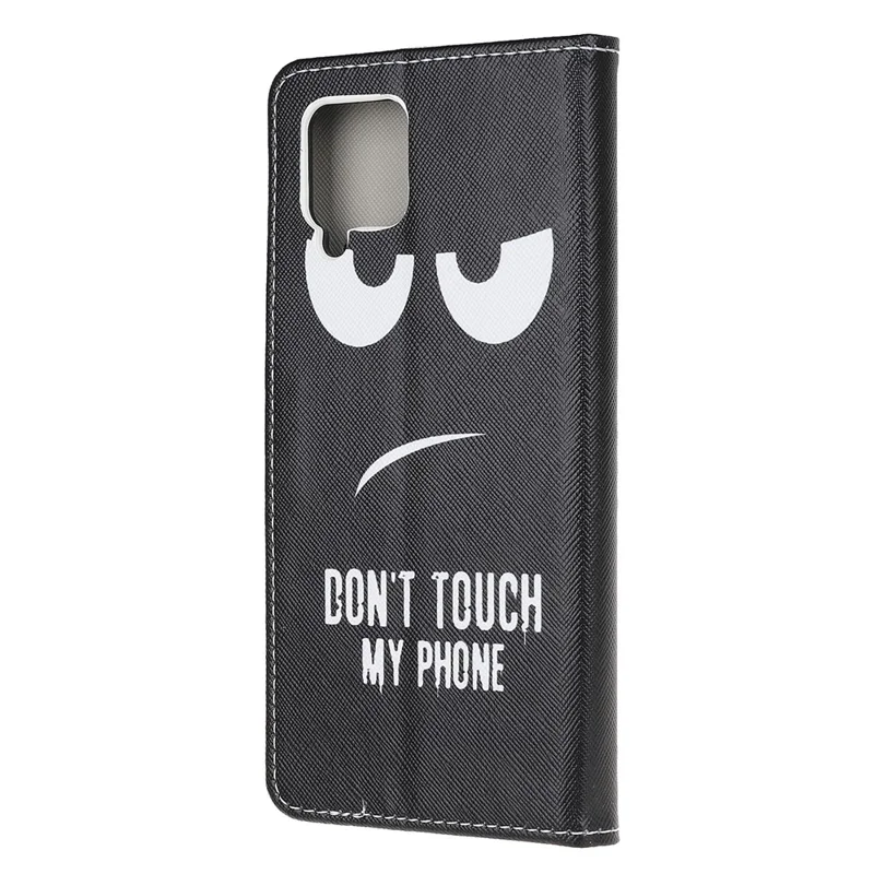 Pattern Printing Cross Texture Leather Wallet Phone Stand Protective Case for Samsung Galaxy A12 - Don't Touch My Phone