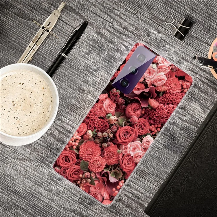 Pattern Printing Workmanship TPU Phone Cover Case für Samsung Galaxy S21 4G/5G - Rote Blumen