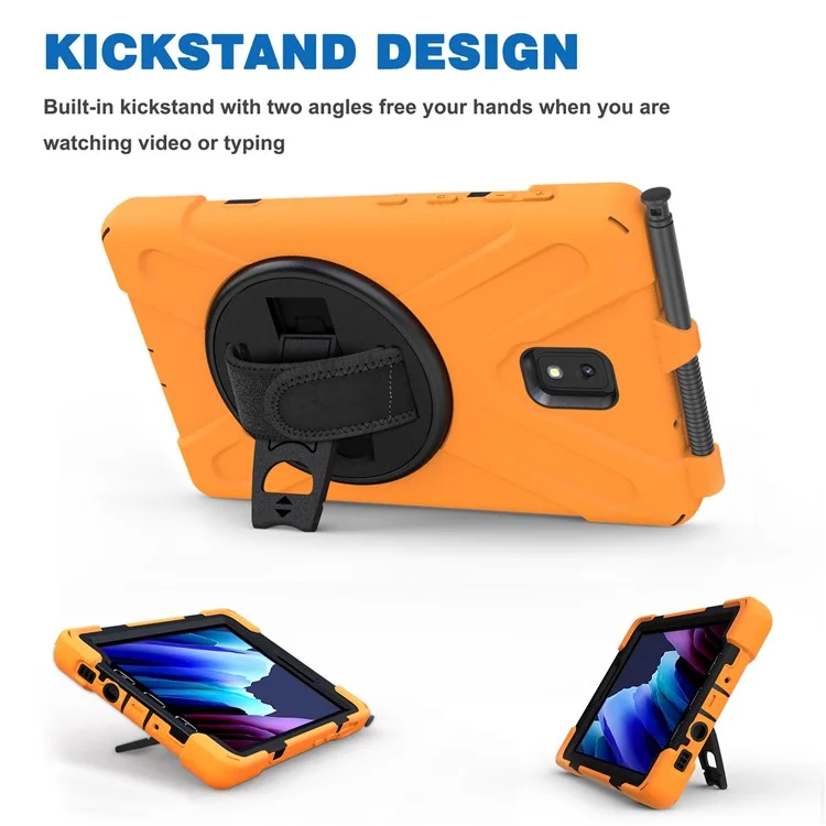 PC and Silicone Tablet Case + Pen Slot + Hand Band + 360° Swivel Kickstand for Samsung Galaxy Tab Active 3 T570/T575/T575N/T577 - Orange