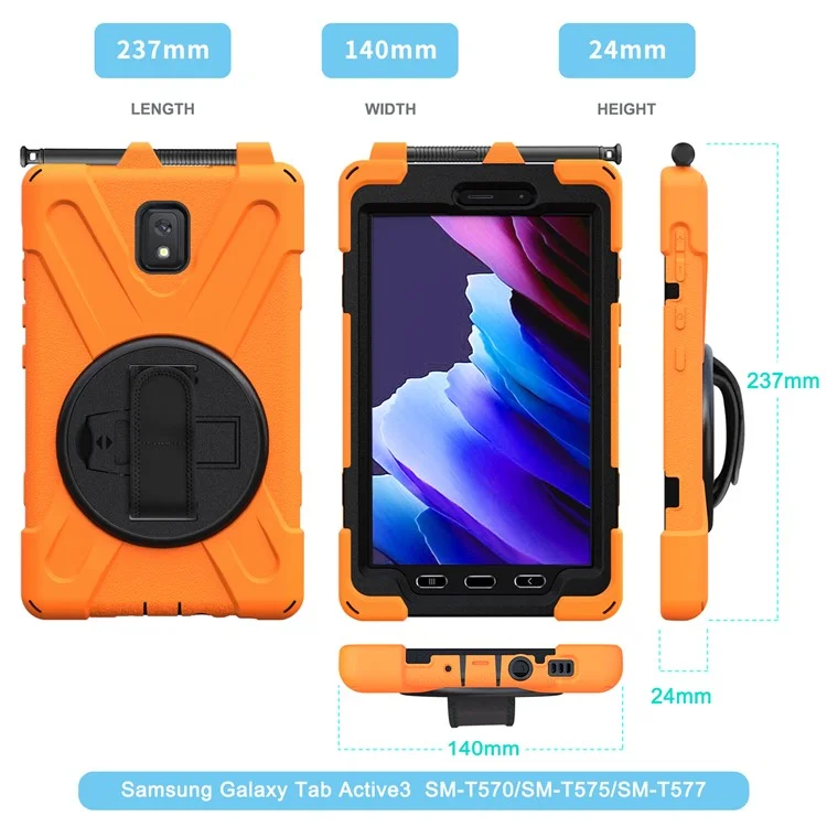 PC e Capa de Silicone para Tablet + Slot para Caneta + Tira para Mão + Suporte Giratório 360° para Samsung Galaxy Tab Active 3 T570/T575/T575N/T577 - Laranja