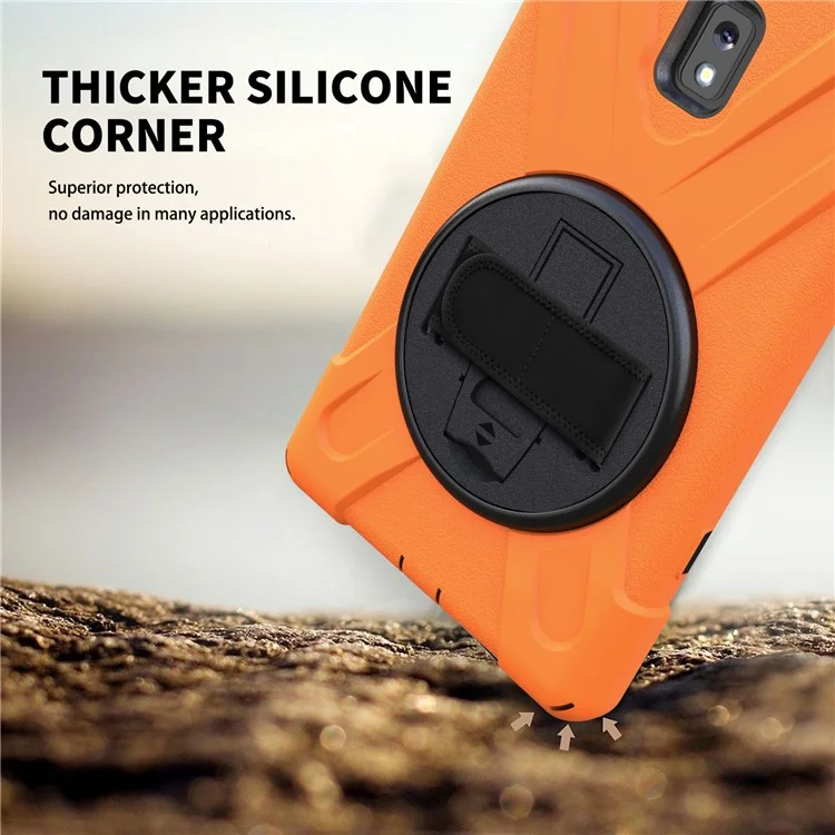 PC and Silicone Tablet Case + Pen Slot + Hand Band + 360° Swivel Kickstand for Samsung Galaxy Tab Active 3 T570/T575/T575N/T577 - Orange