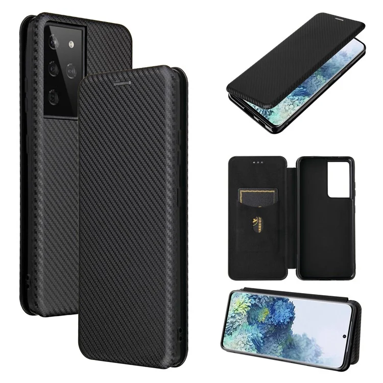 Anti-scratch Carbon Fiber Texture Auto-absorbed Leather Case for Samsung Galaxy S21 Ultra 5G Protective Shell - Black