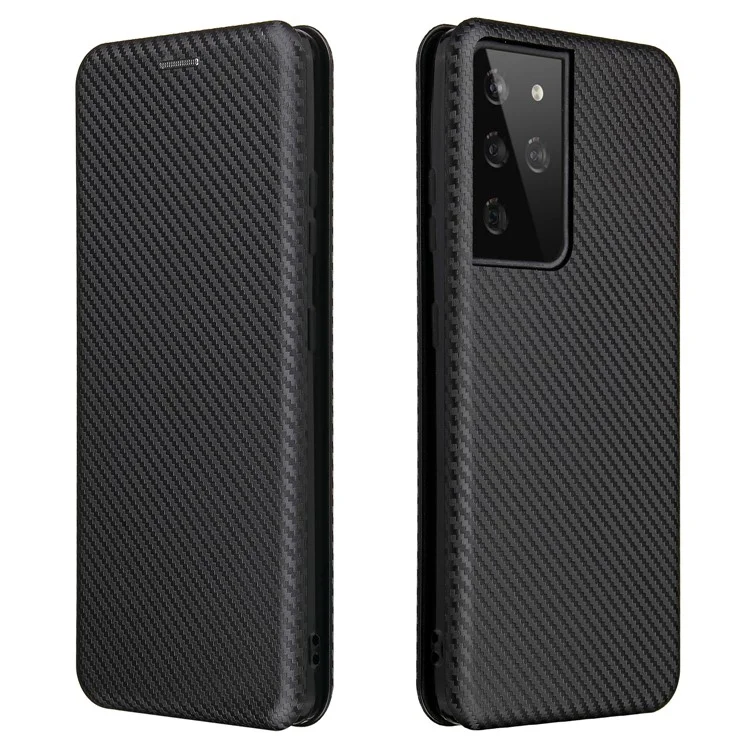 Anti-scratch Carbon Fiber Texture Auto-absorbed Leather Case for Samsung Galaxy S21 Ultra 5G Protective Shell - Black