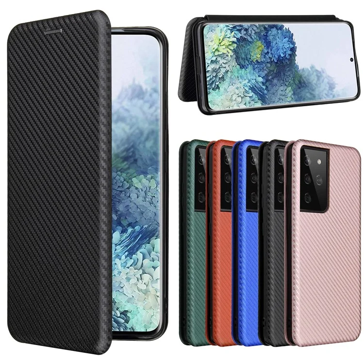 Anti-scratch Carbon Fiber Texture Auto-absorbed Leather Case for Samsung Galaxy S21 Ultra 5G Protective Shell - Black