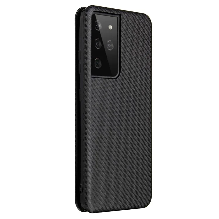 Anti-scratch Carbon Fiber Texture Auto-absorbed Leather Case for Samsung Galaxy S21 Ultra 5G Protective Shell - Black