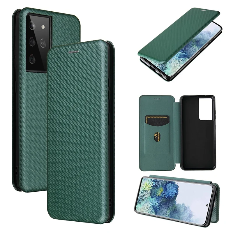 Anti-scratch Carbon Fiber Texture Auto-absorbed Leather Case for Samsung Galaxy S21 Ultra 5G Protective Shell - Green
