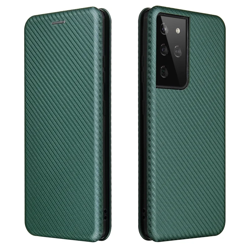 Anti-scratch Carbon Fiber Texture Auto-absorbed Leather Case for Samsung Galaxy S21 Ultra 5G Protective Shell - Green