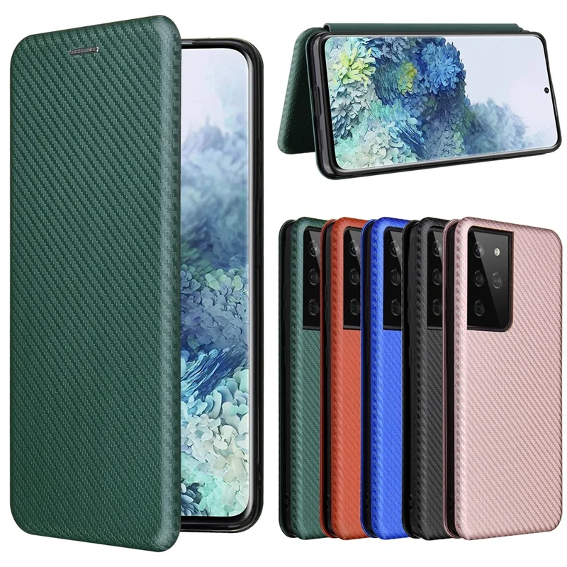 Anti-scratch Carbon Fiber Texture Auto-absorbed Leather Case for Samsung Galaxy S21 Ultra 5G Protective Shell - Green