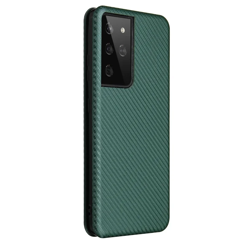 Anti-scratch Carbon Fiber Texture Auto-absorbed Leather Case for Samsung Galaxy S21 Ultra 5G Protective Shell - Green