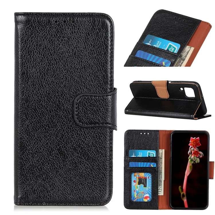 Schockdes Telefongehäuse Für Samsung Galaxy A12 Nappa Textur Split Leder Flip Folio Cover Schutz Telefonschale Mit Stand Wallet - Schwarz