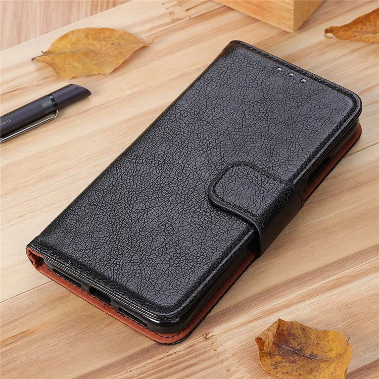 Shockproof Phone Case for Samsung Galaxy A12 Nappa Texture Split Leather Flip Folio Cover Protective Phone Shell with Stand Wallet - Black